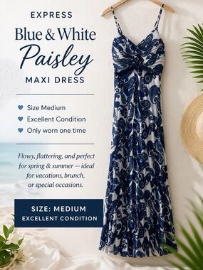 Express White Dress with Blue Paisley Trim